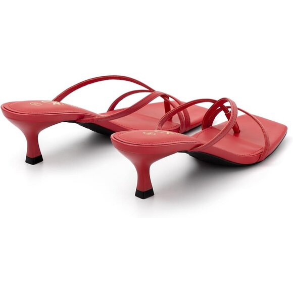 Athlefit Women's Red Polyurethane Square Open Toe Kitten Heels Thong Sandals - Picture 5 of 6